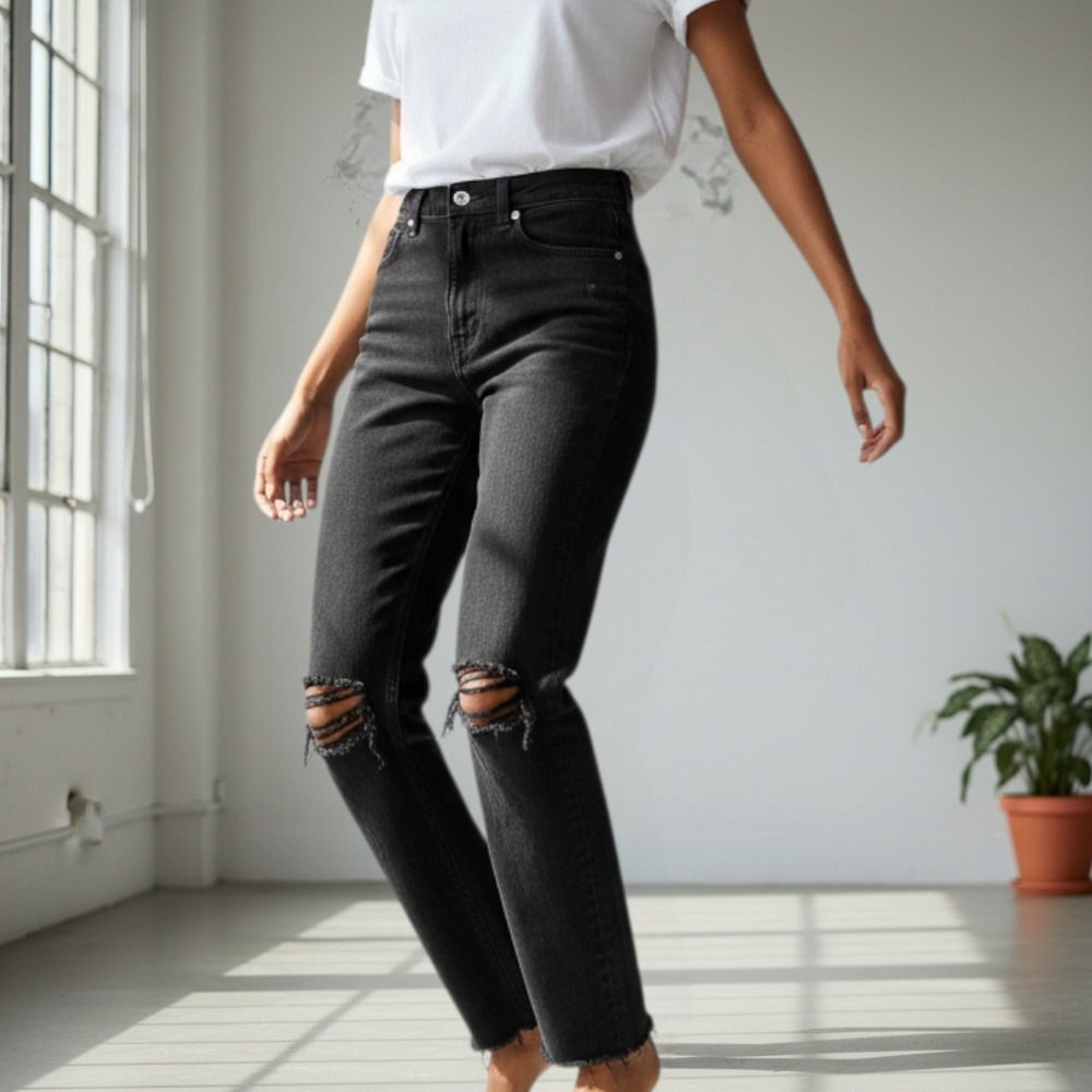 Agolde Cherie Jean Black Straight Slim High Waist All Cotton Denim Fray Rigid 25